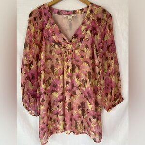 Womens Sundance Size S Pink/ Yellow Print Long Sleeve Flowy V-Neck Boho Top